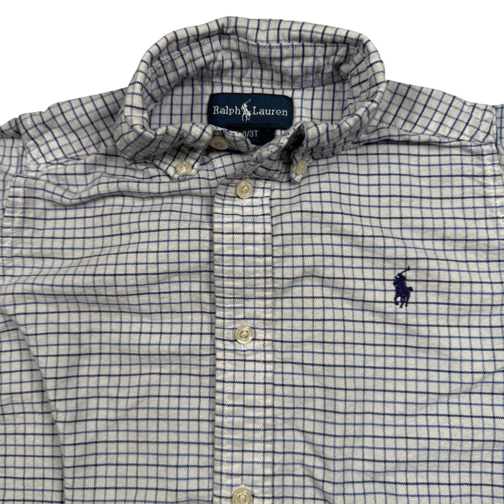 Ralph Lauren Button‎ Down Shirt Toddler Boys 3T White Blue Check Long Sleeve